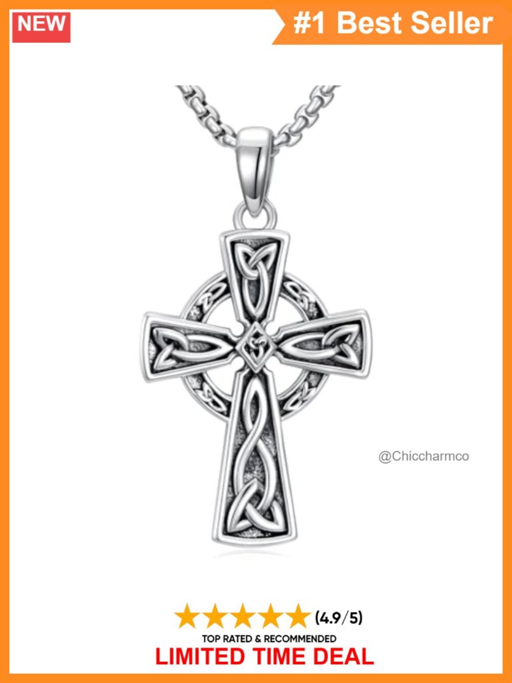 925 Sterling Silver Cross Pendant Necklace 30mm Stainless Steel Chain